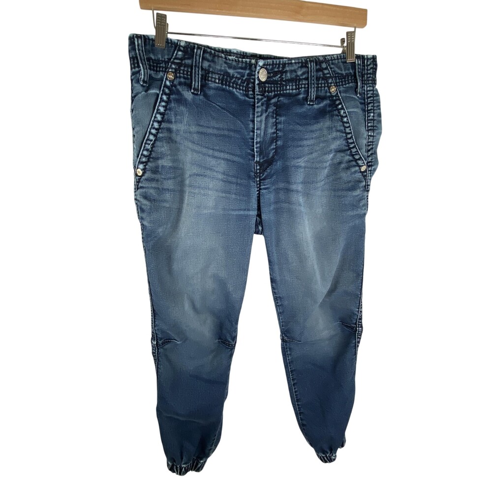 True Religion Jogger Drawstring Jeans Mens 34x30 Blue Denim Big T Stretch